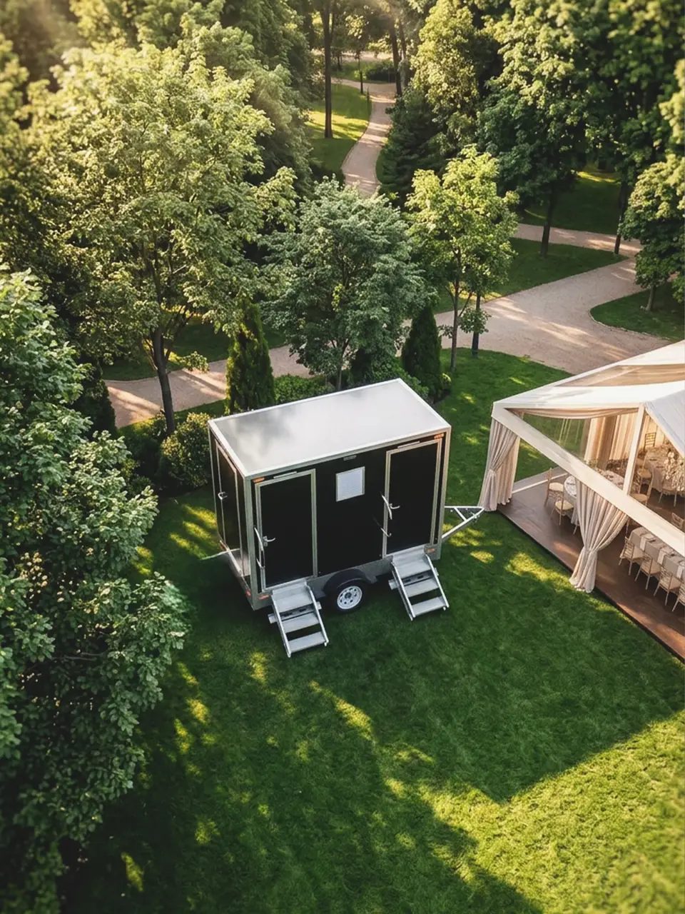 Restroom trailer on a lawn beside a reception deck, an option for Versailles weddings